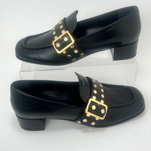 Prada Studded Spazzolato Stud Women Leather Loafers Pumps Size 36.5 - Picture 2 of 16